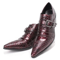 Mens genuine leather dress gents shoes crocodile burgundy men's shoes pointed toe office oxford high heel monk strap italian