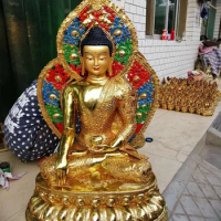 120CM large huge # hall efficacious Protection Talisman Temple Buddhism Coloured drawing Gilding brass Sakyamuni buddha statue