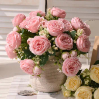 30cm Rose Pink Silk Bouquet Peony Artificial Flower 5 Big Head 4 Small Bud Bride Wedding Home Decoration Artificial Flower