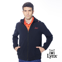 【Lynx Golf】男款輕量透氣LOGO鬆緊帶設計拉鍊口袋連帽可拆式長袖外套-黑色