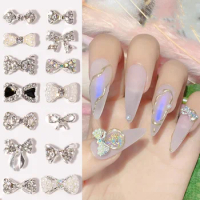 10pcs Keen French Nail Art Charm 3D Silver Alloy White&amp;AB Color Diamond Crystal Pearl Nail Ribbon Bows Decor Luxury Nail Jewelry