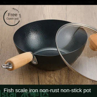 Non-stick Cast Iron Pot Stir Fry Traditional Chinese Wok Handmade Gas Stove Old-fashioned Household Wok for Cooking Kitchenware
