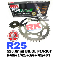 Set RK Scket YAMAHA R25 520 RK KRX X-Ring Rivet Hitam / Rantai Emas 14-16T-40/41/42/43/44/45/46/47T 