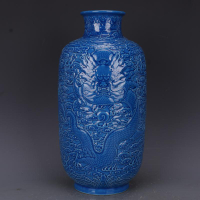 清乾隆藍釉浮雕刻龍紋冬瓜瓶仿古老貨瓷器家居中式擺件古董古玩1入