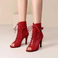 New Summer Sexy High Heel Cool Boots Fashion Red Mesh Suede Fish Mouth Stiletto Roman Shoes Ballroom Salsa Dance Zapatilla Mujer