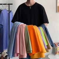 臺灣出貨 oversize短袖上衣 基本款素T男五分袖T恤 多巴胺衣服 休閒落肩寬鬆衣服女 情侶裝 MLM