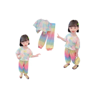 【安朵童舖】現貨韓版兒童短袖套裝女寶冰絲闊褲套裝女童彩虹皺摺褲套裝(016)