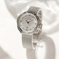 Seiko-ALBA Women's Quartz Stone Watch Flower Dial Creative Casual Summer Watch Metal Silver 30 Meters Waterproof Fashion