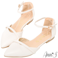 Ann’S柔美心動-造型斜帶顯瘦繞踝尖頭平底鞋-白