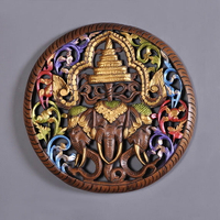 東南亞裝飾家居工藝品三象鏤空彩繪木雕墻面壁飾掛畫實木雕花板1入