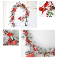 Christmas Garland Rattan Branches With Red Berry Poinsettia Pinecone Fake Plants Apple Fruit Vine Party Decor Gift Wreath