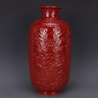 清乾隆紅釉浮雕刻龍紋冬瓜瓶仿古老貨瓷器家居中式擺件古董古玩1入