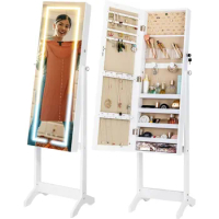 LED Light Jewelry Cabinet Standing Full Screen Mirror Makeup Lockable Armoire, Large Cosmetic Storage Organizer w/Brush