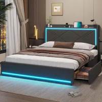 Full Size Bed Frame with LED Headboard Modern Upholstered Platform Bed, Space Saver Drawers, Sturdy Construction