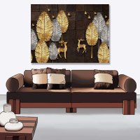 【24mama 掛畫】單聯式 油畫布 植物 動物 灰色 金色 鳥 質感 無框畫-80x60cm(抽象樹與鹿)