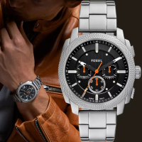 【FOSSIL】Machine 簡約撞色工業風三眼計時手錶-銀x黑/44mm 禮物 送禮 推薦(FS6095)