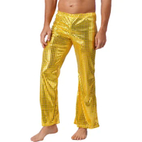 Men Metallic Disco Pants 70s 80s Shiny Sequined Flared Pants Elastic Waist Party Club Pants Rave Dancing Performance Costume