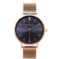 【THEODORA’S 希奧朵拉】Hera 簡約中性款金屬手錶(小錶面) 深藍面-米蘭玫金(男錶 女錶 簡約手錶)