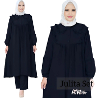 JULITA One Set Wanita Muslim Polos Premium Oversize Tunik Panjang dan Celana Kulot Bahan Crinkle Ade