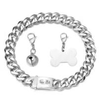 Silver Tone 316L Stainless Steel Curb Cuban Link Chain Dog Collar with ID Tag &amp; Bell Walkig Trainning for Small Medium Large Dog