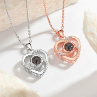 One Hundred Languages Projection Stone Pendant Necklace for Women One Hundred I Love You Hollow Hear
