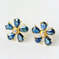 18k gold earring Natural real sapphire stud earrings Flower style Free shipping 0.3ct*10pcs gemstone Fine jewelry Z231213