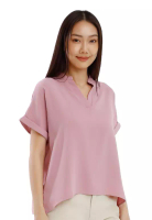 FOREST Forest Ladies Polyester Collar Plain Blouse Women Short Sleeve Blouse - 822417-59LotusPink