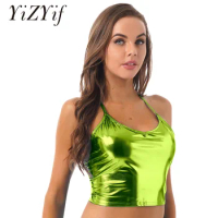 Womens Metallic Camisole Faux Leather Halter Lace-up Fashion Shiny V Neck Sleeveless Crop Top Vest Clubwear