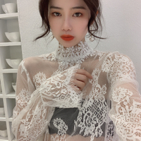 蕾絲衫韓國秋冬季網紗長袖立領上衣大碼洋氣女透視睫毛內搭打底衫