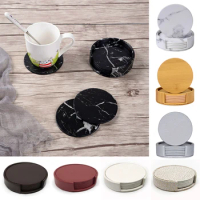 Round Coaster Set PU Leather Marble Coaster Drink Coffee Cup Mats Tea Pad Heat Insulation Mat Home Kitchen Dining Table Decor