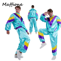Men Retro 80S 70S Disco Dance Cosplay Costume Hip-Hop Tracksuit Adult Male Casual Jacket Pants Sportwear Outfit Halloween Suit