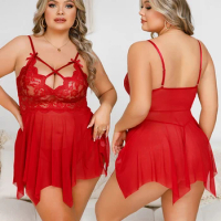 Plus Size Women's Erotic Nightgown Transparent Short Section Tulle Sexy Drees Sex Lingerie With Thong Exotic Baby Doll Dresses