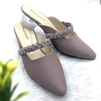Purple Sandal Heels Kaca Treccia Hak Setengah 4 cm Shoes Wanita Bahan Pu Leather Non Slip Sol Warna 