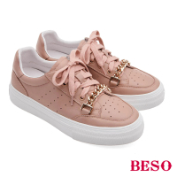 【A.S.O 阿瘦集團】BESO 柔軟牛皮搭配金屬鍊條綁帶休閒鞋(粉色)