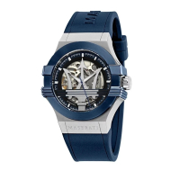 【MASERATI 瑪莎拉蒂】經典藍色矽膠鏤空機械腕錶42mm(R8821108035)