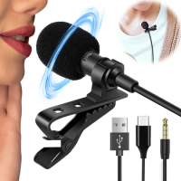 Portable 1.5m Mini Type C Microphone USB Condenser Clip-on Lapel Mic 3.5mm Wired Microfon for PC Laptops Professional Recording