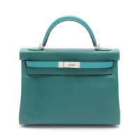 【二手名牌BRAND OFF】HERMES 愛馬仕 內縫 絲絨綠 Epsom皮革 Kelly 32 凱莉包 兩用包 A刻 銀扣