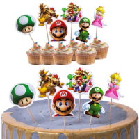 24Pcs/Set Super Mario Bros Cake Toppers Mario Party CupCake Flags Cartoon Baby Shower Kids Birthday Party Cake Decorations Gifts
