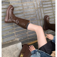 [Cod] in Stock Soft Leather Version ~ Thick Bottom Thigh High Boots Women's Autumn and Winter Belt B