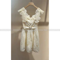 Vietnam niche design hollowed out three-dimensional flowers embroidery fairy dress heavy lace delicate waist princess dress