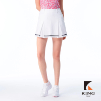 【KING GOLF】實體同步款-女款雙色百摺白線滾邊設計素面修身A LINE短裙/高爾夫球裙(白色)