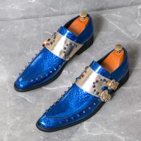 New Arrival Men's Mixed Colors Patchwork Rivet Monk Strap Pointed Shoes Male Dress Wedding Homecoming Footwear Zapatos Hombre