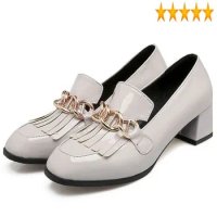 Ladies Block Heel British Casual Shoes Faux Patent Leather Tassel Metal Chain Slip On Loafers Retro Womens Pumps Plus Size 32-48