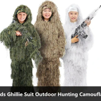 Kids Ghillie Suit Outdoor Hunting Camouflage Jungle Grass Hidden Clothes Children CS Training Suit Sniper Birdwatch Airsoft Set