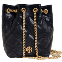 【TORY BURCH】專櫃款WILLA 小香風菱格紋抽繩斜背水桶包(黑)