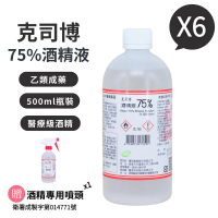 【克司博】75%酒精液(500ml X 6瓶組+專用噴頭X1)