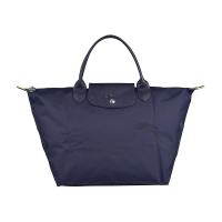 【LONGCHAMP】LONGCHAMP Le Pliage Green系列刺繡LOGO再生尼龍拉鍊手提包(深海藍)