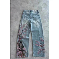 [COD] Men Women Cherry Blossom Knight All Embroidery Denim Pants Y2k Vintage Baggy Street Straight J