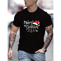 Men's Casual cotton T-Shirt with Merry Christmas Print for Summer Outdoors, Gift for Men，t shirt for