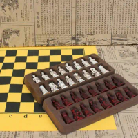 Characters Chess Game Leather Chess Board Lifelike Chess Pieces Resin Terracotta Chess Pieces for Parent-Child Entertainment